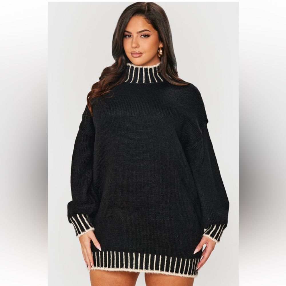 Prettylittlething Contrast Stitch Knitted High Neck Oversized Sweater Dress